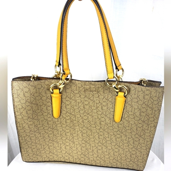 Calvin Klein Yellow and Tan Faux Leather Tote Sz M - Picture 1 of 8